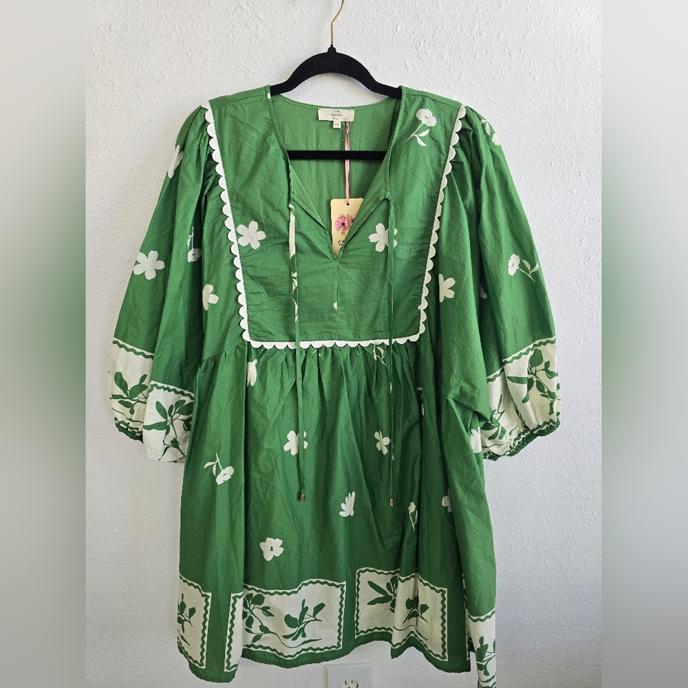 Entro NWT Glorious Green Babydoll Dress Stamped Floral Spring Mini Sz 1X - Picture 4 of 10